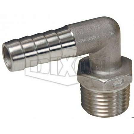 DIXON Hose Elbow, 3/8-18 x 1/2 in Nominal, MNPTF x Hose Barb End Style, 316 SS, Domestic 1290806SS